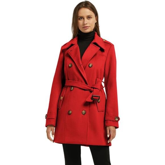 Jackets & Blazers - Women's Double Breasted Pea Coat Winter Mid-Long Trench Coat with Belt